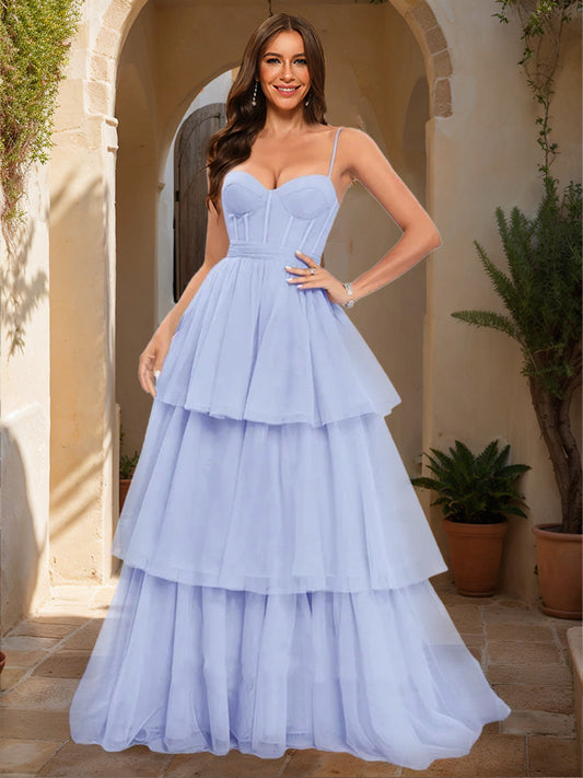 A-Line/Princess Spaghetti Straps Sleeveless Tiered Formal Dresses