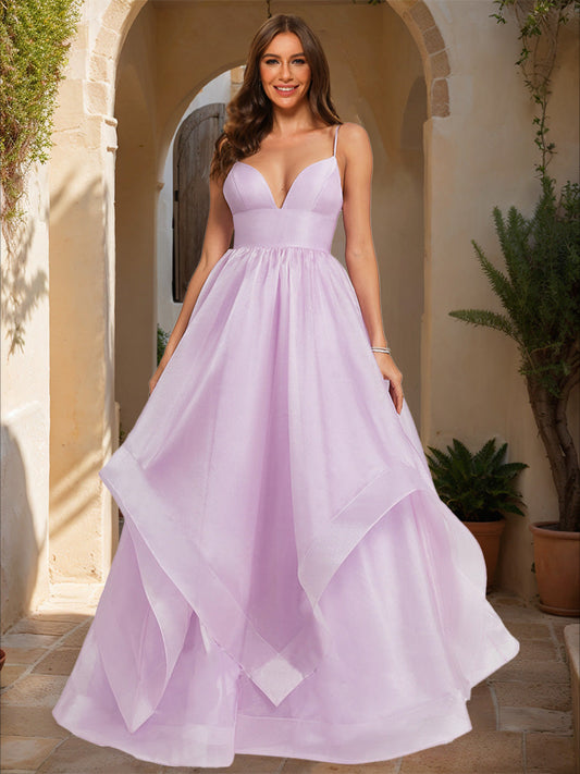 A-Line/Princess Plunging V-Neck Sleeveless Tiered Formal Dresses