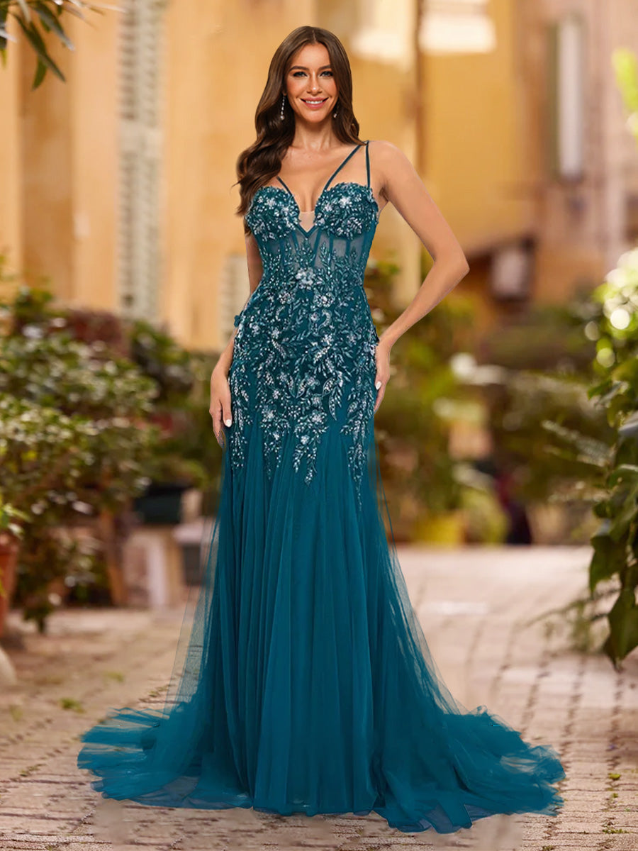 Sheath/Column V-Neck Sleeveless Applique Formal Dresses