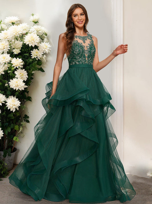 Ball Gown Scoop Sleeveless Ruffles Formal Dresses