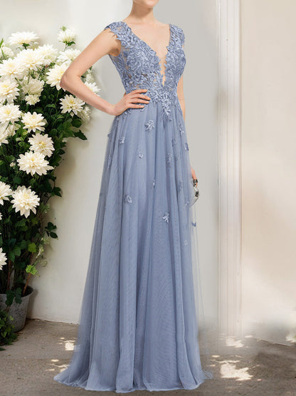A-Line/Princess V-Neck Sleeveless Applique Formal Dresses