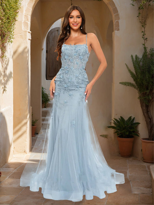 Trumpet/Mermaid Square Neck Sleeveless Lace Formal Dresses