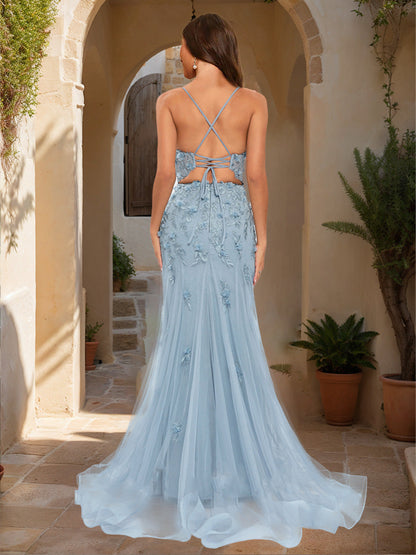 Trumpet/Mermaid Square Neck Sleeveless Lace Formal Dresses
