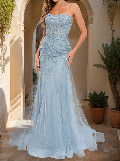 Trumpet/Mermaid Square Neck Sleeveless Lace Formal Dresses