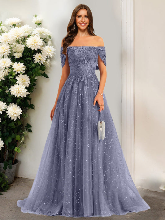 A-Line/Princess Off-the-Shoulder Short Sleeves Sequins Formal Dresses