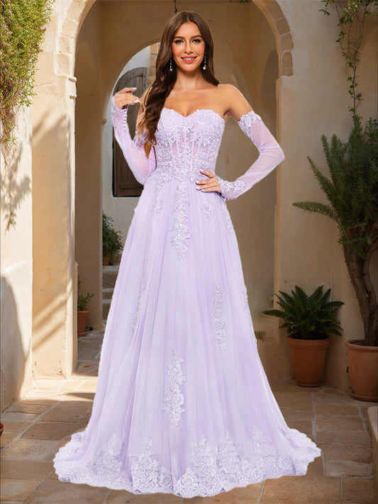 A-Line/Princess Strapless Long Sleeves Lace Formal Dresses