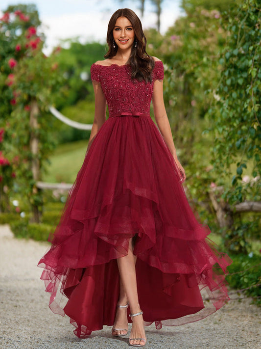 A-Line/Princess Off-the-Shoulder Short Sleeves Tiered Formal Dresses