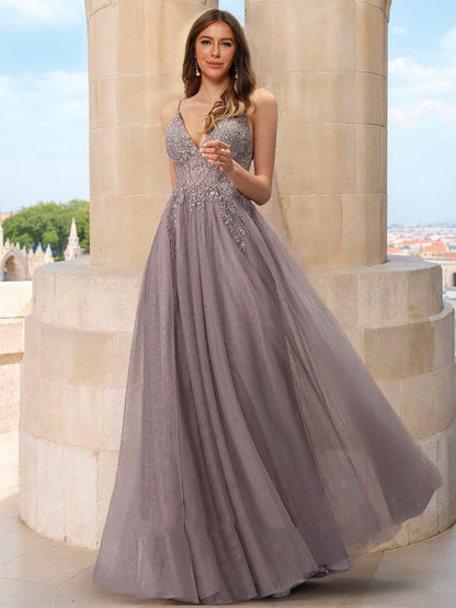 A-Line/Princess V-Neck Sleeveless Sequins Formal Dresses