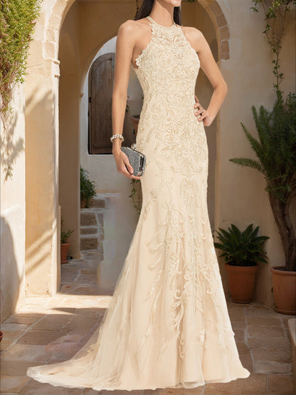 Trumpet/Mermaid Halter Sleeveless Applique Formal Dresses