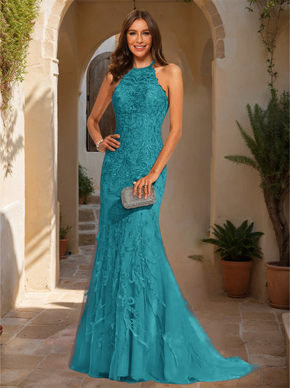 Trumpet/Mermaid Halter Sleeveless Applique Formal Dresses