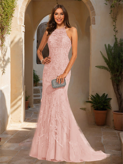 Trumpet/Mermaid Halter Sleeveless Applique Formal Dresses
