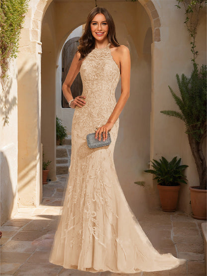 Trumpet/Mermaid Halter Sleeveless Applique Formal Dresses