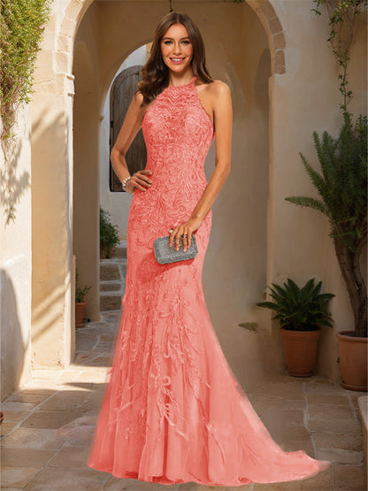 Trumpet/Mermaid Halter Sleeveless Applique Formal Dresses