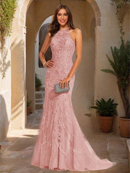 Trumpet/Mermaid Halter Sleeveless Applique Formal Dresses