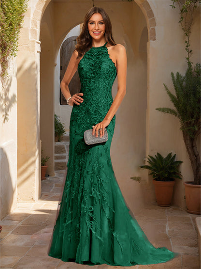 Trumpet/Mermaid Halter Sleeveless Applique Formal Dresses