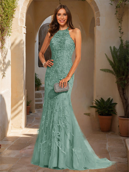 Trumpet/Mermaid Halter Sleeveless Applique Formal Dresses