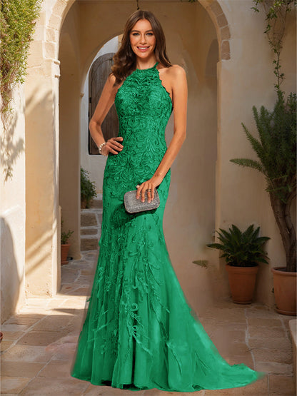 Trumpet/Mermaid Halter Sleeveless Applique Formal Dresses