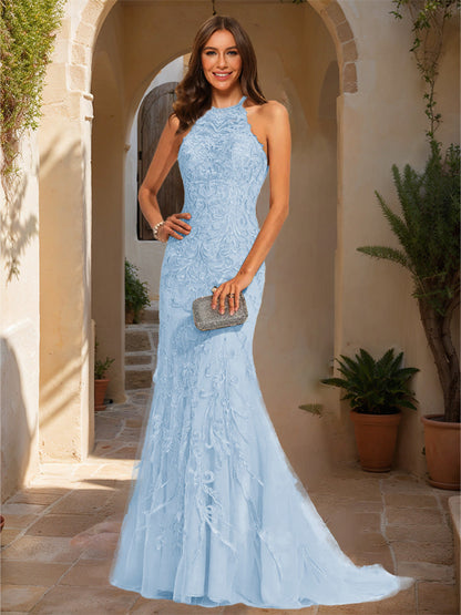 Trumpet/Mermaid Halter Sleeveless Applique Formal Dresses