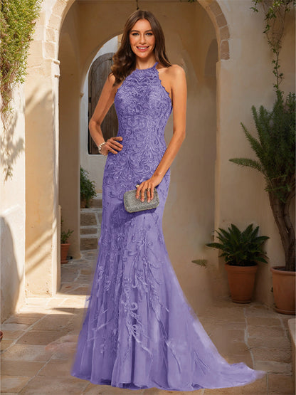Trumpet/Mermaid Halter Sleeveless Applique Formal Dresses