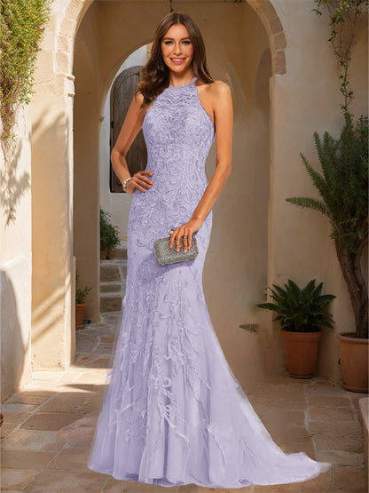 Trumpet/Mermaid Halter Sleeveless Applique Formal Dresses