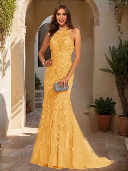Trumpet/Mermaid Halter Sleeveless Applique Formal Dresses
