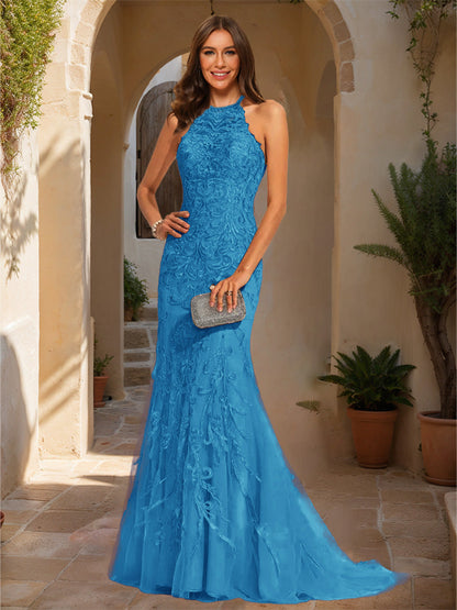 Trumpet/Mermaid Halter Sleeveless Applique Formal Dresses