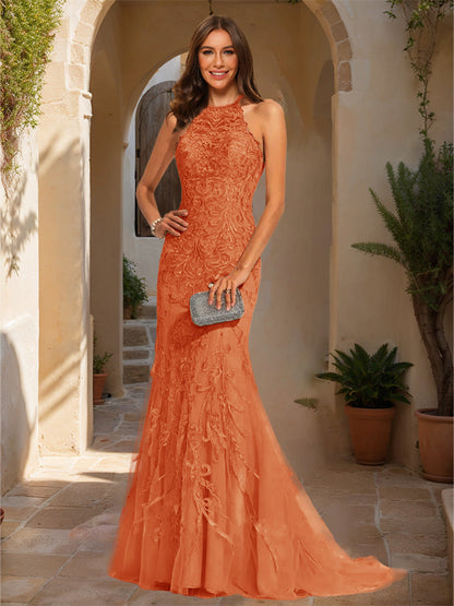 Trumpet/Mermaid Halter Sleeveless Applique Formal Dresses
