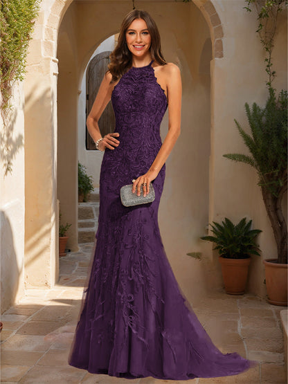 Trumpet/Mermaid Halter Sleeveless Applique Formal Dresses