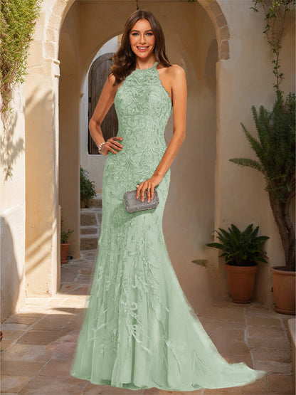 Trumpet/Mermaid Halter Sleeveless Applique Formal Dresses