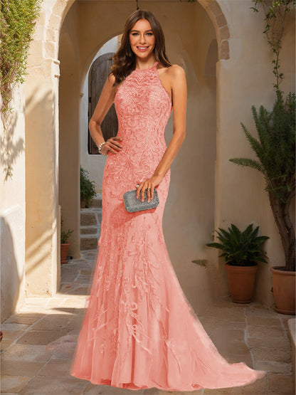 Trumpet/Mermaid Halter Sleeveless Applique Formal Dresses