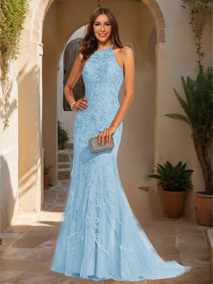 Trumpet/Mermaid Halter Sleeveless Applique Formal Dresses