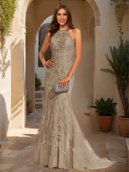 Trumpet/Mermaid Halter Sleeveless Applique Formal Dresses