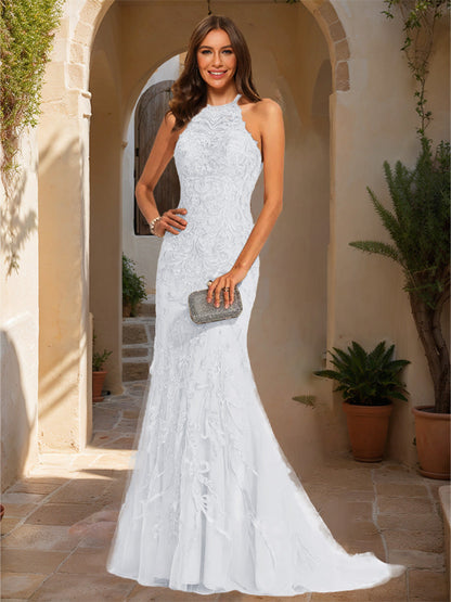 Trumpet/Mermaid Halter Sleeveless Applique Formal Dresses