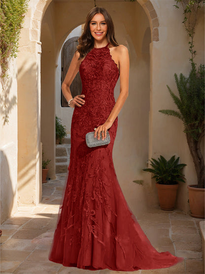 Trumpet/Mermaid Halter Sleeveless Applique Formal Dresses