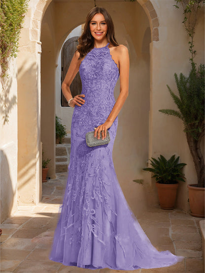 Trumpet/Mermaid Halter Sleeveless Applique Formal Dresses