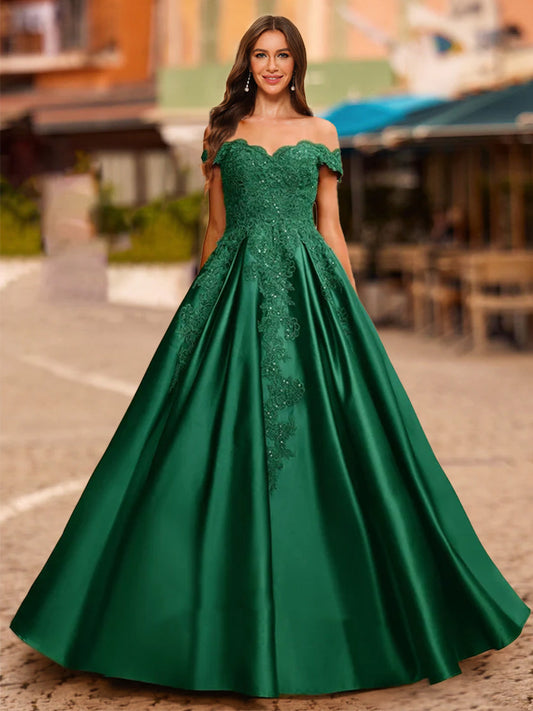 Ball Gown Off-the-Shoulder Short Sleeves Sequins Formal Dresses