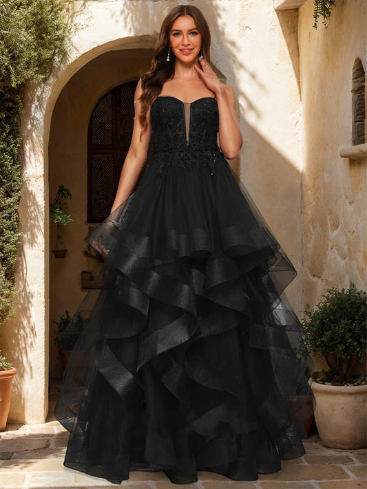 Ball Gown Sweetheart Sleeveless Tiered Formal Dresses