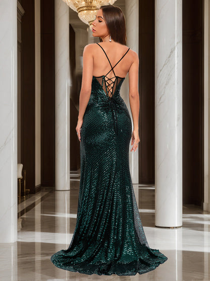 Trumpet/Mermaid V-Neck Sleeveless Split Side Formal Dresses