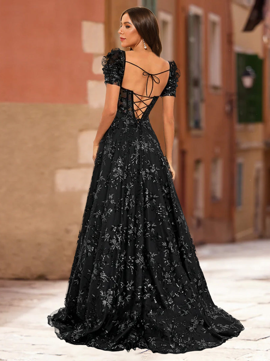 A-Line/Princess V-Neck Puff Sleeves Split Side Formal Dresses