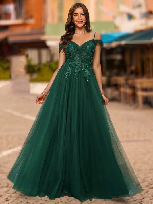 A-Line/Princess Cold Shoulder Short Sleeves Sequins Formal Dresses