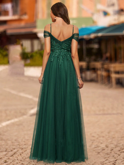 A-Line/Princess Cold Shoulder Short Sleeves Sequins Formal Dresses