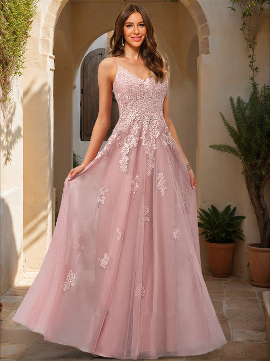 A-Line/Princess V-Neck Sleeveless Applique Formal Dresses