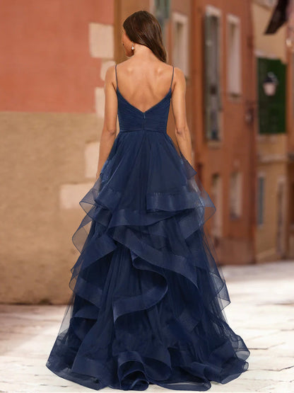 Ball Gown V-Neck Sleeveless Tiered Formal Dresses