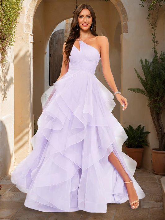 Ball Gown One-Shoulder Sleeveless Tiered Formal Dresses