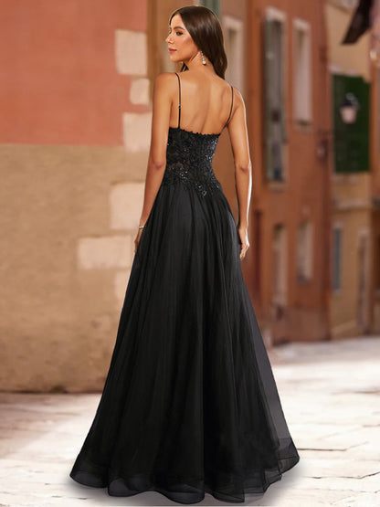 A-Line/Princess V-Neck Sleeveless Sequins Formal Dresses