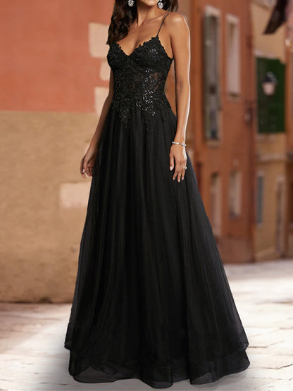 A-Line/Princess V-Neck Sleeveless Sequins Formal Dresses