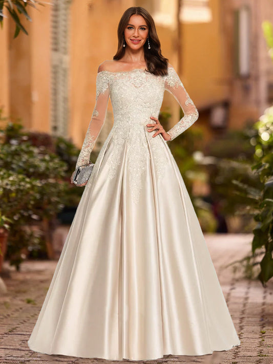 A-Line/Princess Off-the-Shoulder Long Sleeves Sequins Formal Dresses
