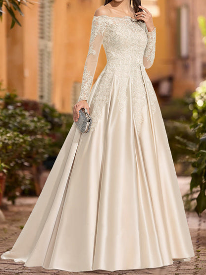 A-Line/Princess Off-the-Shoulder Long Sleeves Sequins Formal Dresses