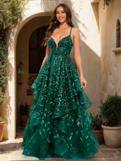 A-Line/Princess V-Neck Sleeveless Sequins Formal Dresses