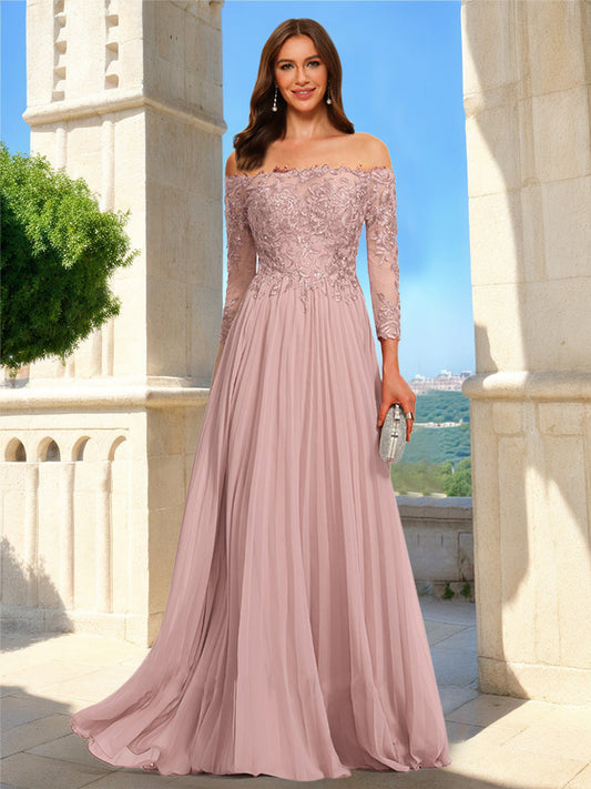 A-Line/Princess Off-the-Shoulder 3/4 Sleeves Lace Formal Dresses